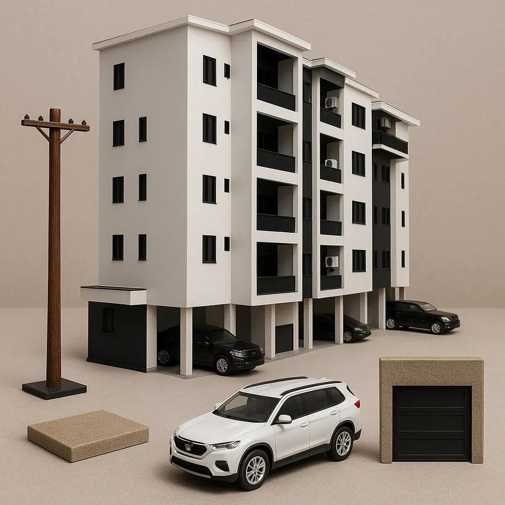 Architectural render of Juliana Apartment showing the balconies and covered parking